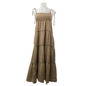 Collusion Women's Brown Tan Smocked Sleeveless Cami Tiered Sundress Maxi Dress 2